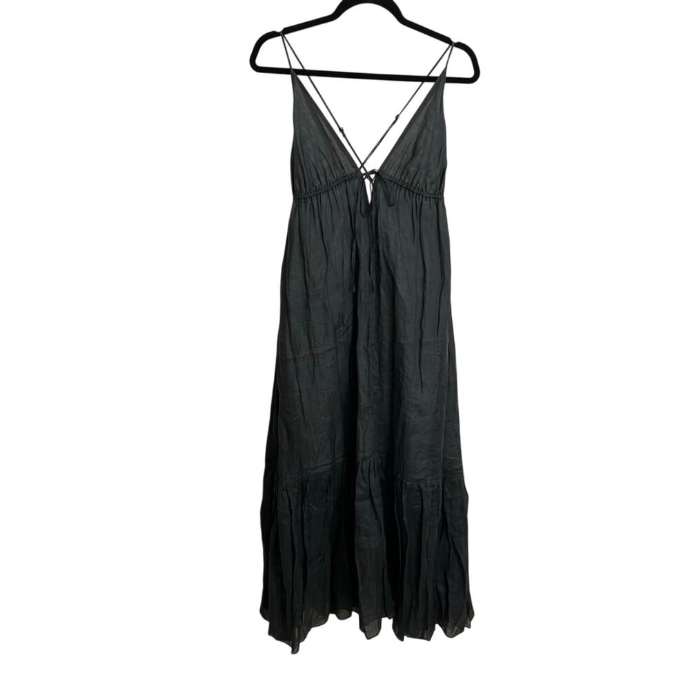 Banana Republic Dress Womens PS Turtle Green Ramie Tiered Maxi NWT Tie Front